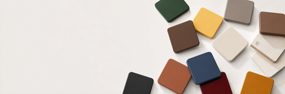 The twelve Mable door finishes scattered on a warm white surface