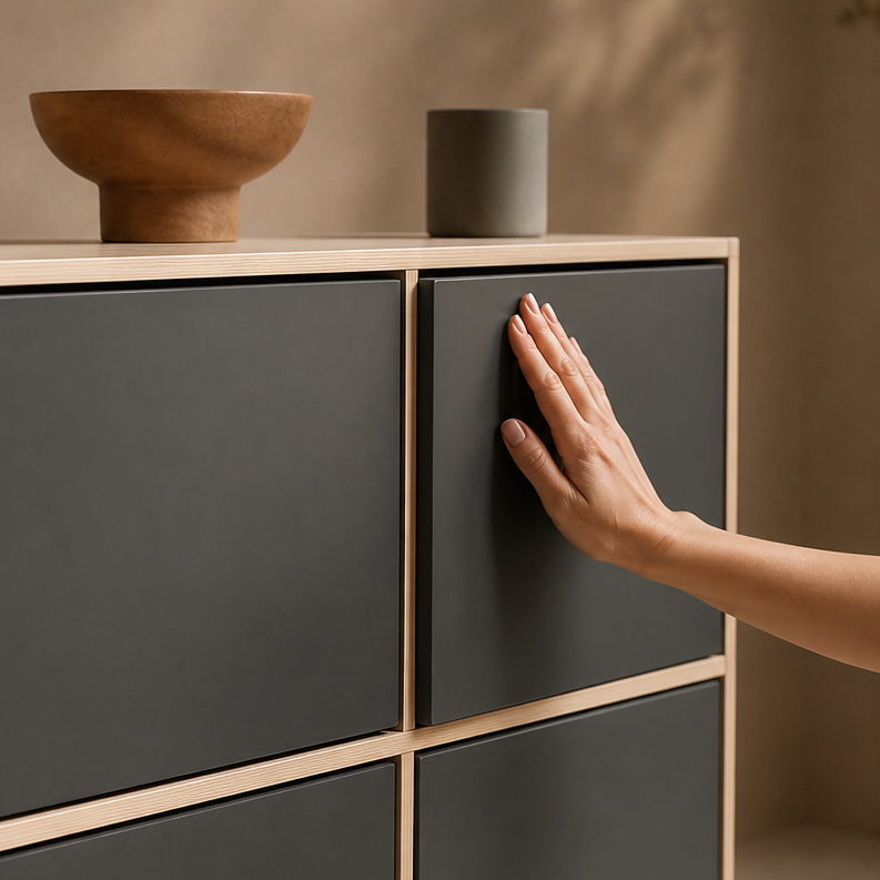 A hand pressing a flush-fronted cabinet door to open it.